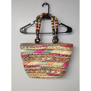 Cappelli Straworld Woven Handbag Tan Wood Beaded Handle Purse NWT Beach Tote Bag